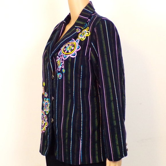 BOB MACKIE WEARABLE ART size M blazer black + multicolor stripes & embroidery - Picture 9 of 16